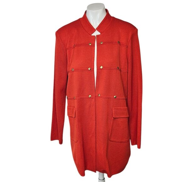 Misook Womens Studded Stretch Knit, Open Front Cardigan, Orange, Statement - Picture 1 of 9